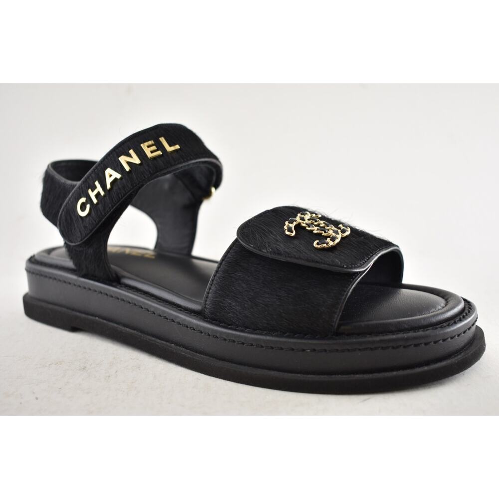 Chanel 24B Black Calf Hair Gold CC Logo Mule Slide Strap Flat Teva Dad Sandal 41 - Picture 6 of 16